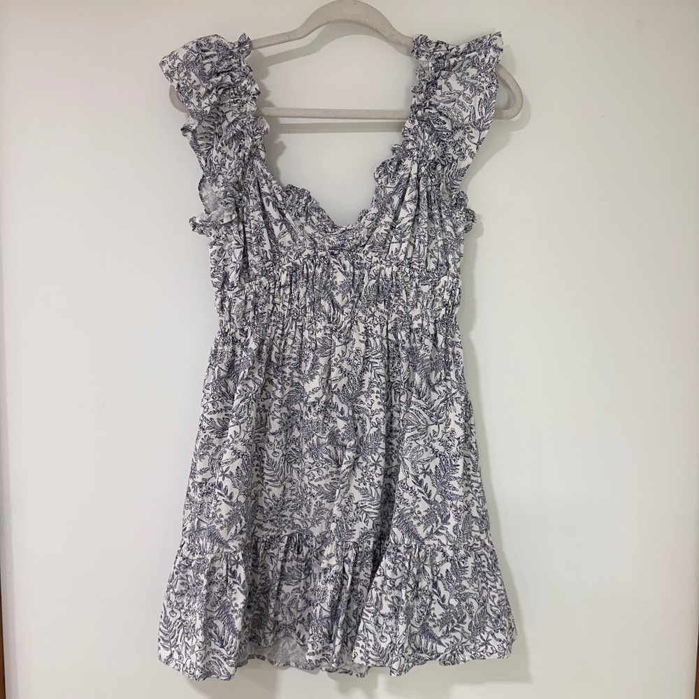 Lush White and Navy Floral Ruffle Mini Dress
